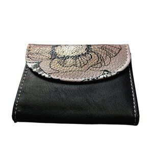 Buxton Black Floral Snap Flap Credit Card ID Wallet Folding Logo Classic